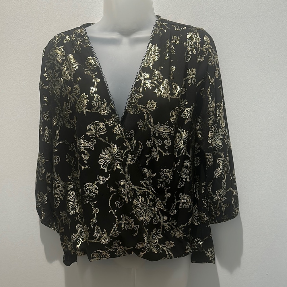 Ava & Aiden Black and Gold Embellished Wrap Blouse